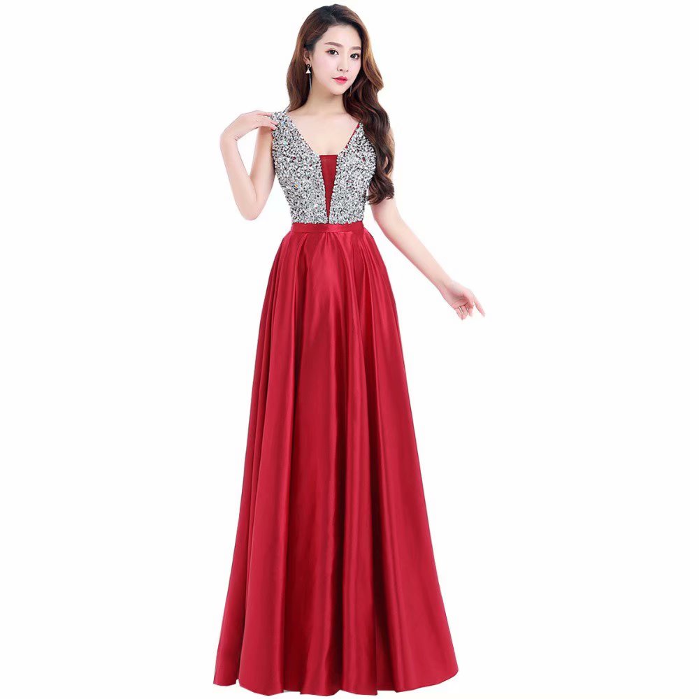 Elegant Prom Dresses Long 2019 Women's Sexy A-line Sleeveless V Neck Red Beading Evening Party Gowns