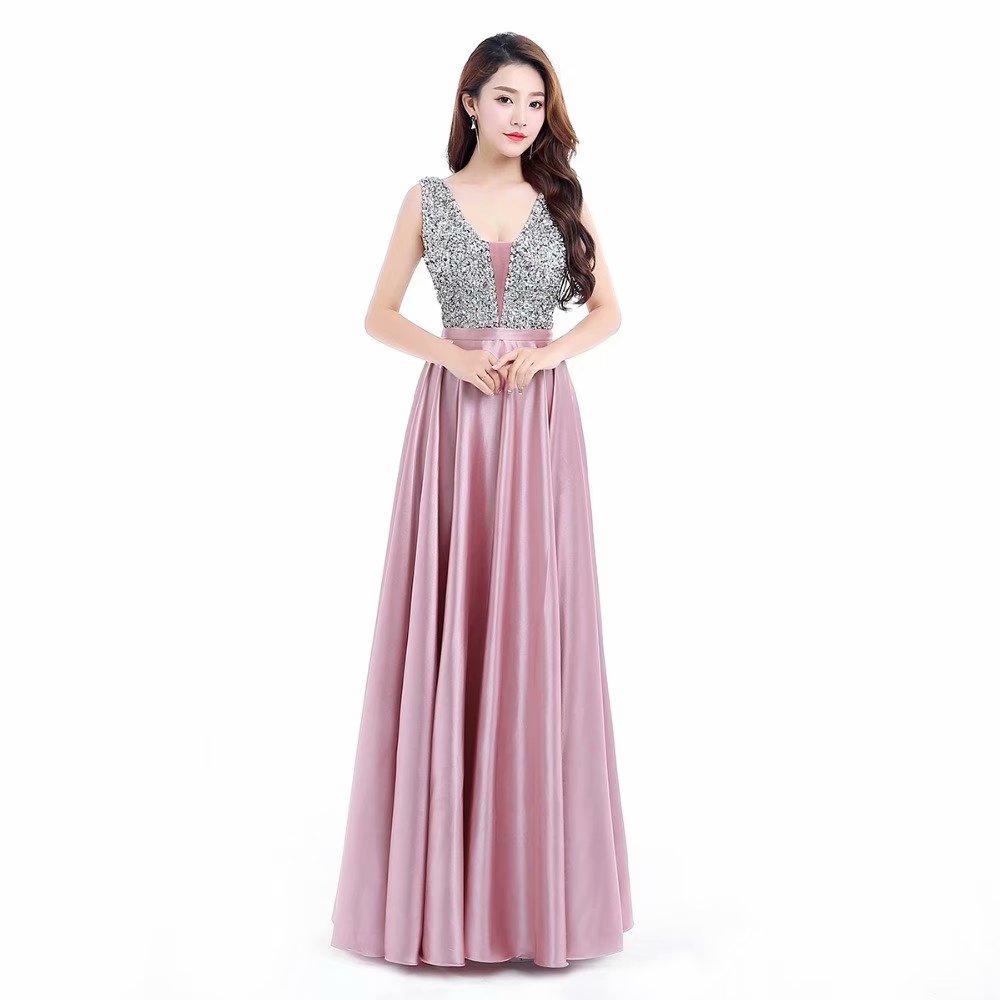 Elegant Prom Dresses Long 2019 Women's Sexy A-line V Neck Satin Light Pink Formal Evening Party Gowns