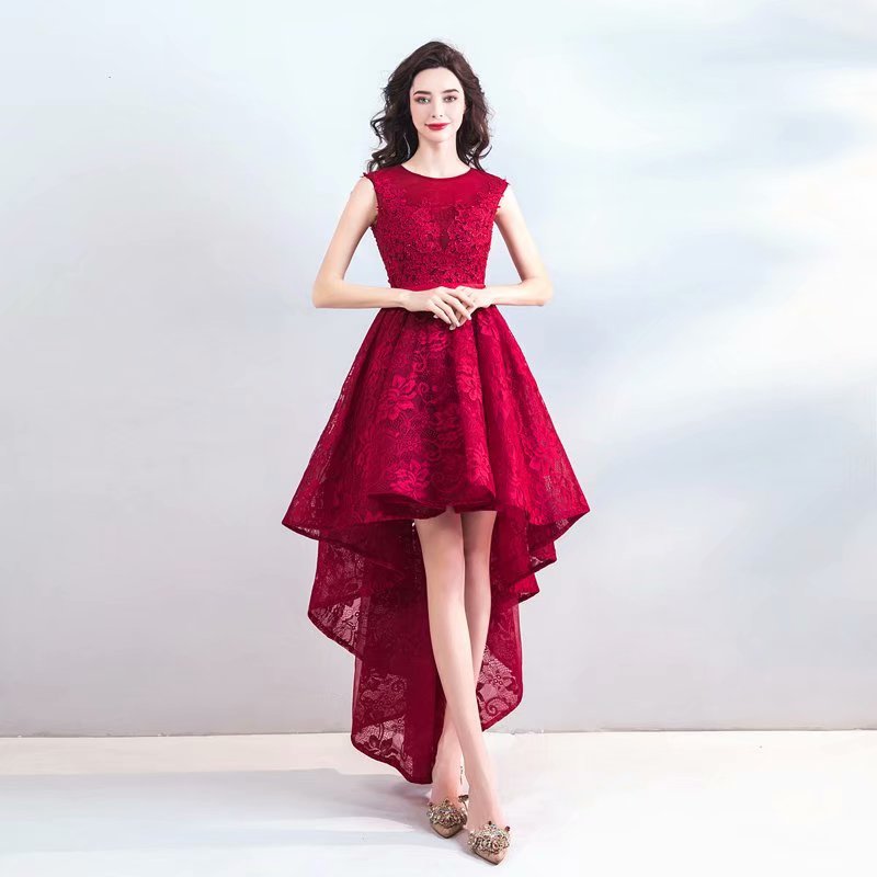 Shipping 2019 Elegant Prom Dresses High Low Women's Sexy A-line Sleeveless O-neck Lace Evening Party Gowns