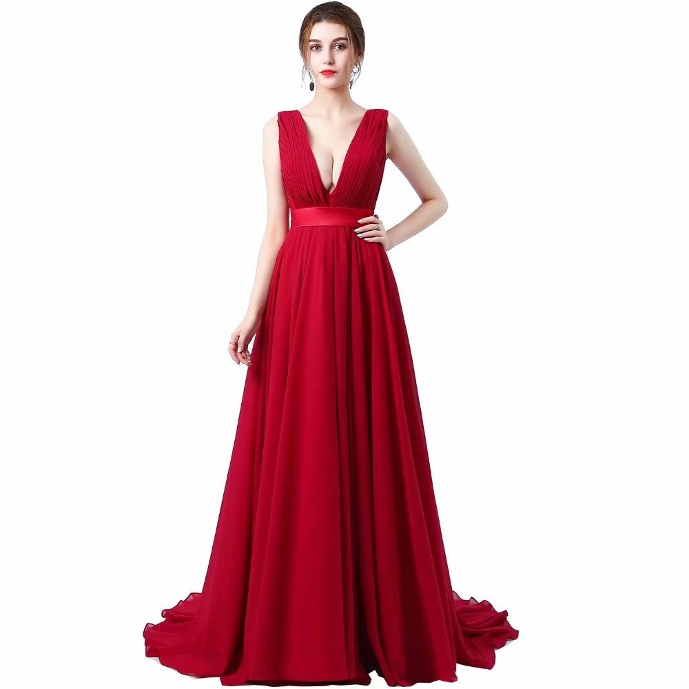 Sexy Deep V Neck Prom Dresses Long 2019 Women's Sexy A-line Sleeveless Red Chiffon Chapel Train Evening Party Gowns