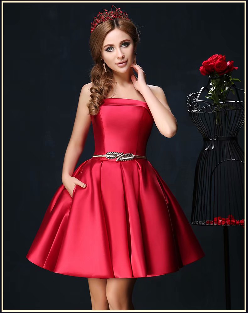 Fast Women Red Short Prom Dresses 2019 Sexy Prom Dress Strapless Satin Embroidery Lace Up Evening Party Gown Homecoming Graduation Dress