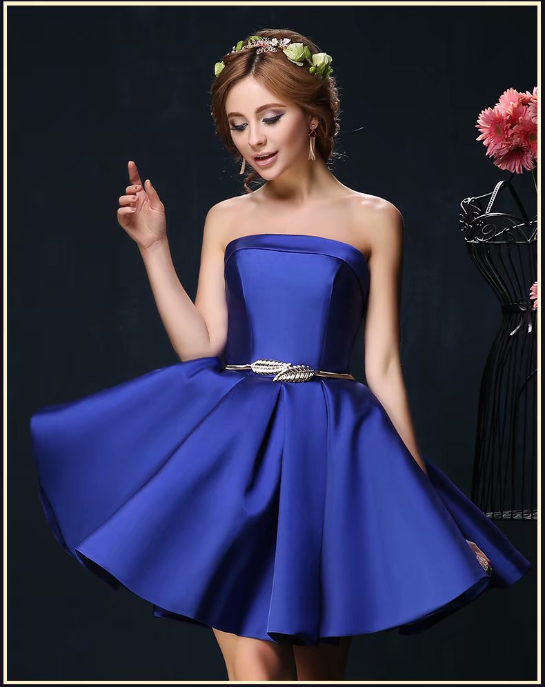 Royal Blue Women Ivory Short Prom Dresses 2019 Sexy Strapless Prom Dress Satin Embroidery Lace Up Evening Party Gown Homecoming Graduation Dress