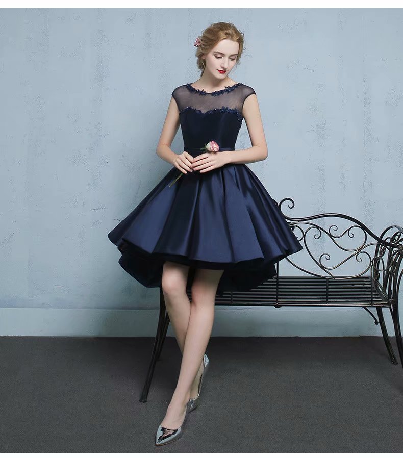 Women Navy Blue Short Prom Dresses 2019 Sexy Prom Dress Scoop Satin Lace Up Evening Party Gown Homecoming Graduation Dress