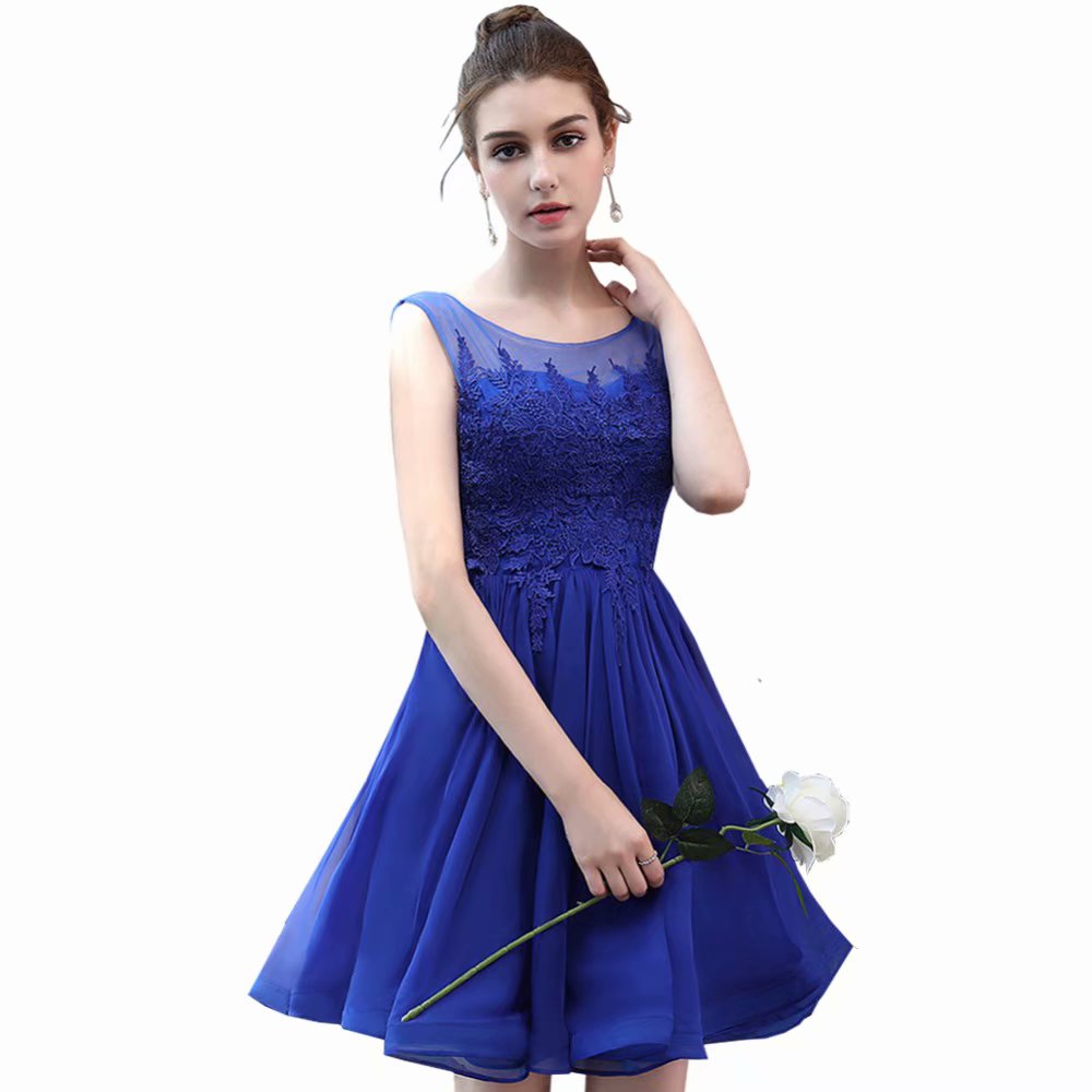 Women Short Prom Dresses 2019 Sexy Royal Blue Prom Dress Scoop Satin Embroidery Zipper Back Evening Party Gown Homecoming Graduation Dress