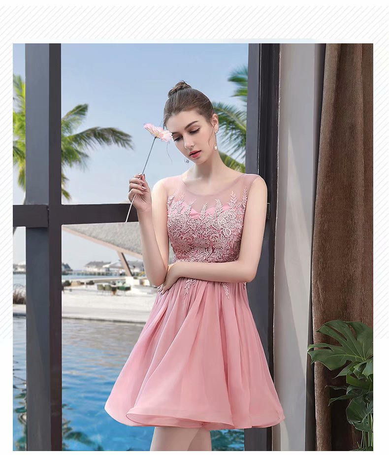 Women Pink Short Prom Dresses 2019 Sexy Sheer Neck Prom Dress Scoop Satin Lace Applique Zipper Evening Party Gown Homecoming Graduation Dress