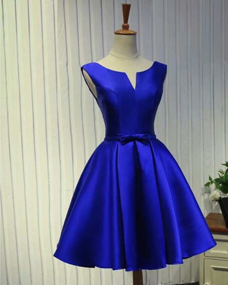 Royal Blue Satin Prom Dresses 2019 V Neck Lace-up Knee-length Prom Dress Short Evening Party Gowns