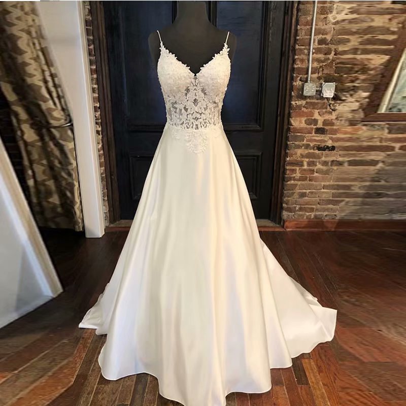 Ball Gowns Spaghetti Straps White Ivory Satin Wedding Dresses 2019 With Lace Applique Bridal Dress Marriage Customer Made Size