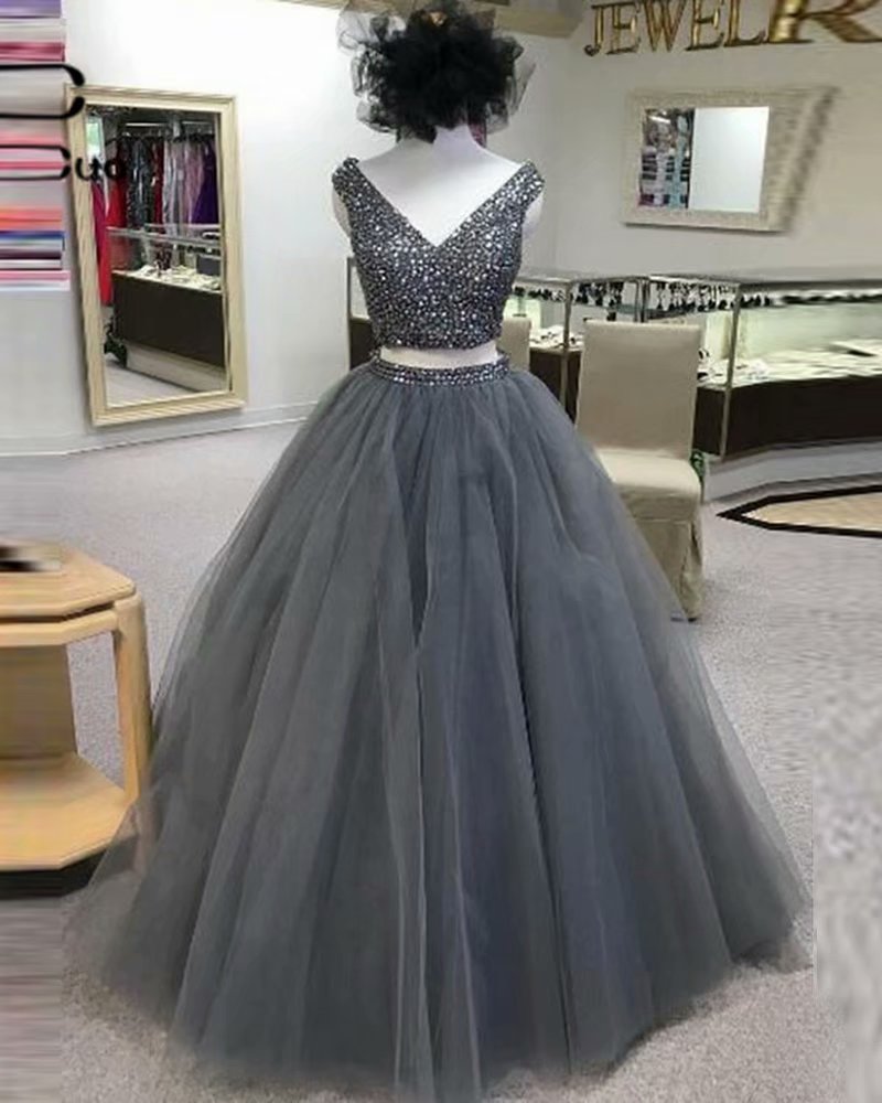 Ball Gown Evening Dresses 2019 V-neck Sleeveless With Crystal Custom Made Beading Grey 2 Piece Prom Dresses