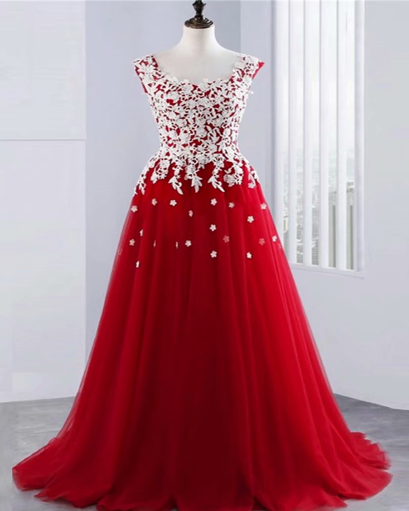 2019 Red Evening Dresses 2019 Scoop Neck Sleeveless Lace Up Sweep Train With Lace Top Custom Made Prom Dresses