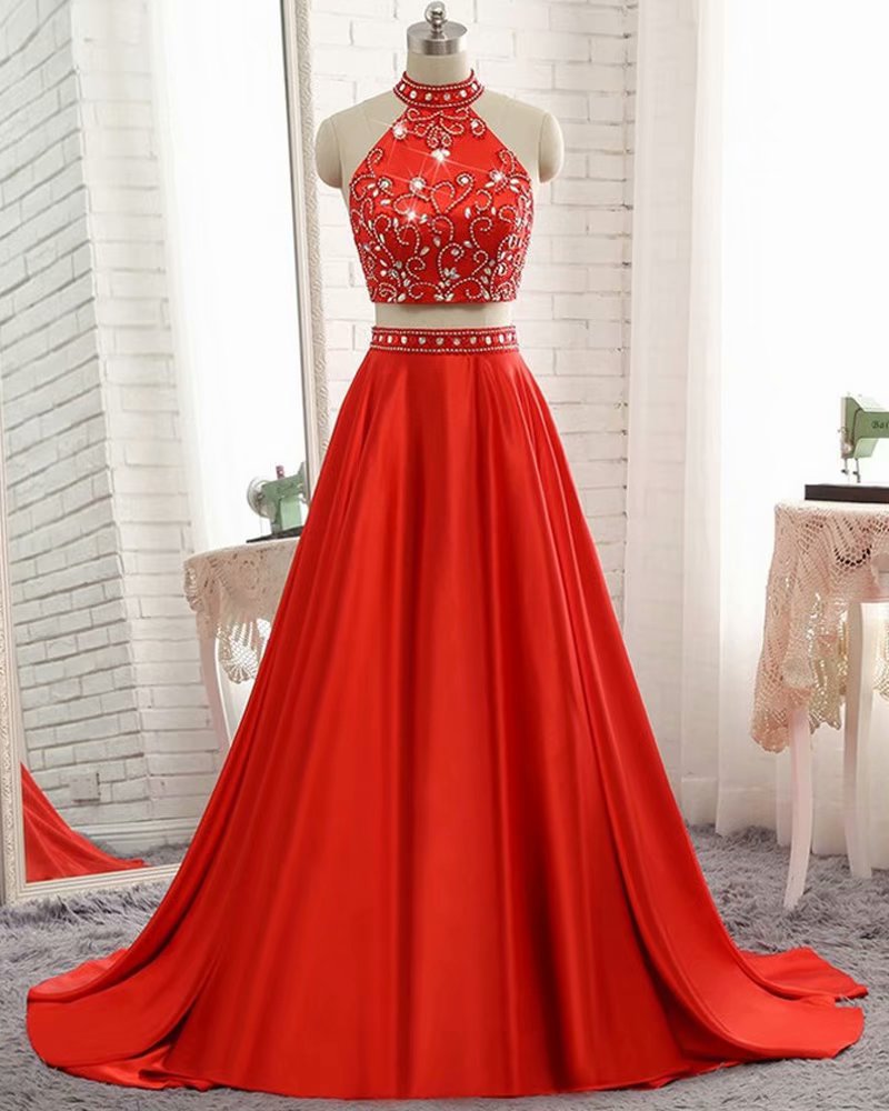 2 Piece Evening Dresses 2019 Halter Neckline Sweep Train With