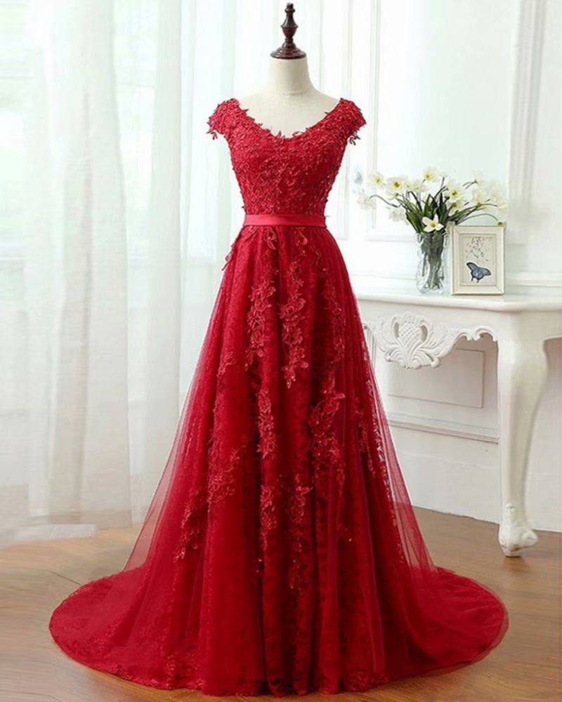 Red V Neck Tulle Prom Dress , Evening Dress , Party Dress , Bridesmaid Dress , Wedding Occasion Dress , Formal Occasion Dress
