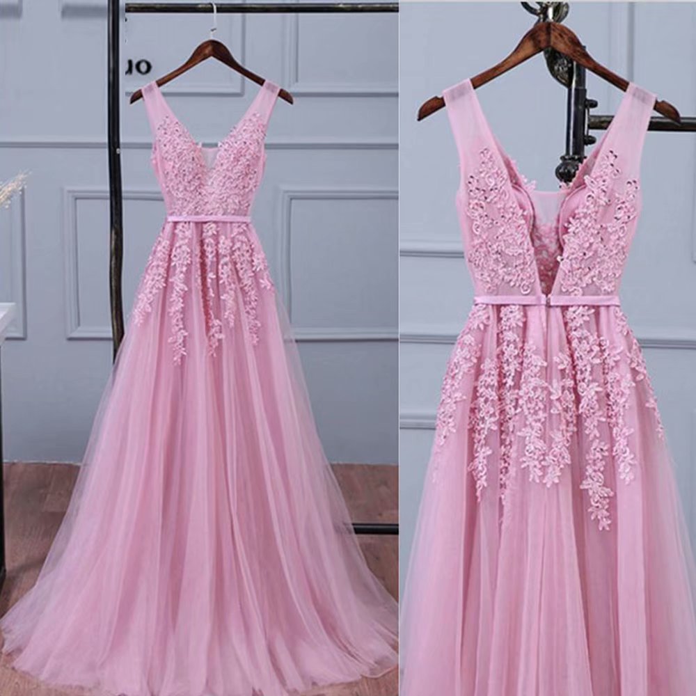 Pink V Neck A-line Prom Dresses, Prom Dress,prom Dresses For Teens,applique Tulle Evening Dresses
