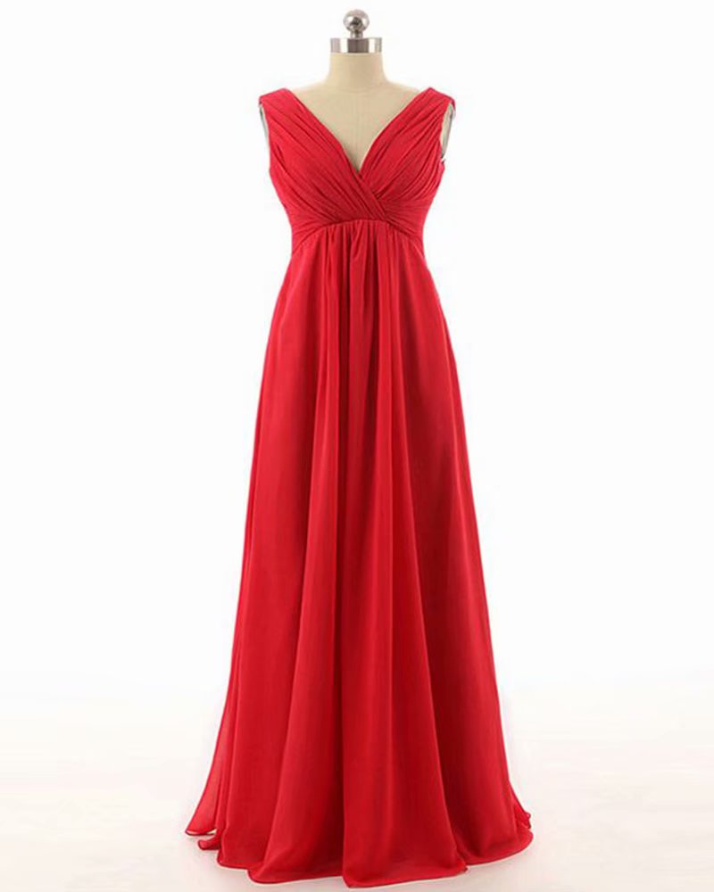 2019 Custom Made Chiffon Prom Dress,v Neck Red Party Dress,sleeveless Prom Dress,high Quality