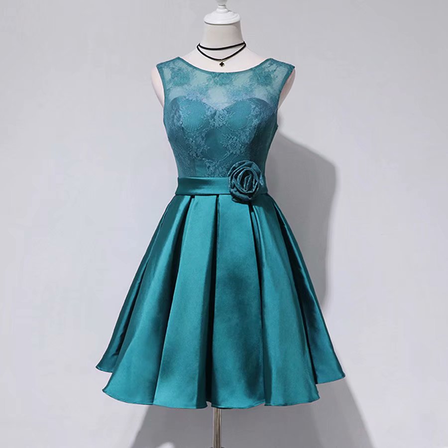 A-line Lace Short Length Empire Teal Green Satin Bridesmaid Dress With Flower