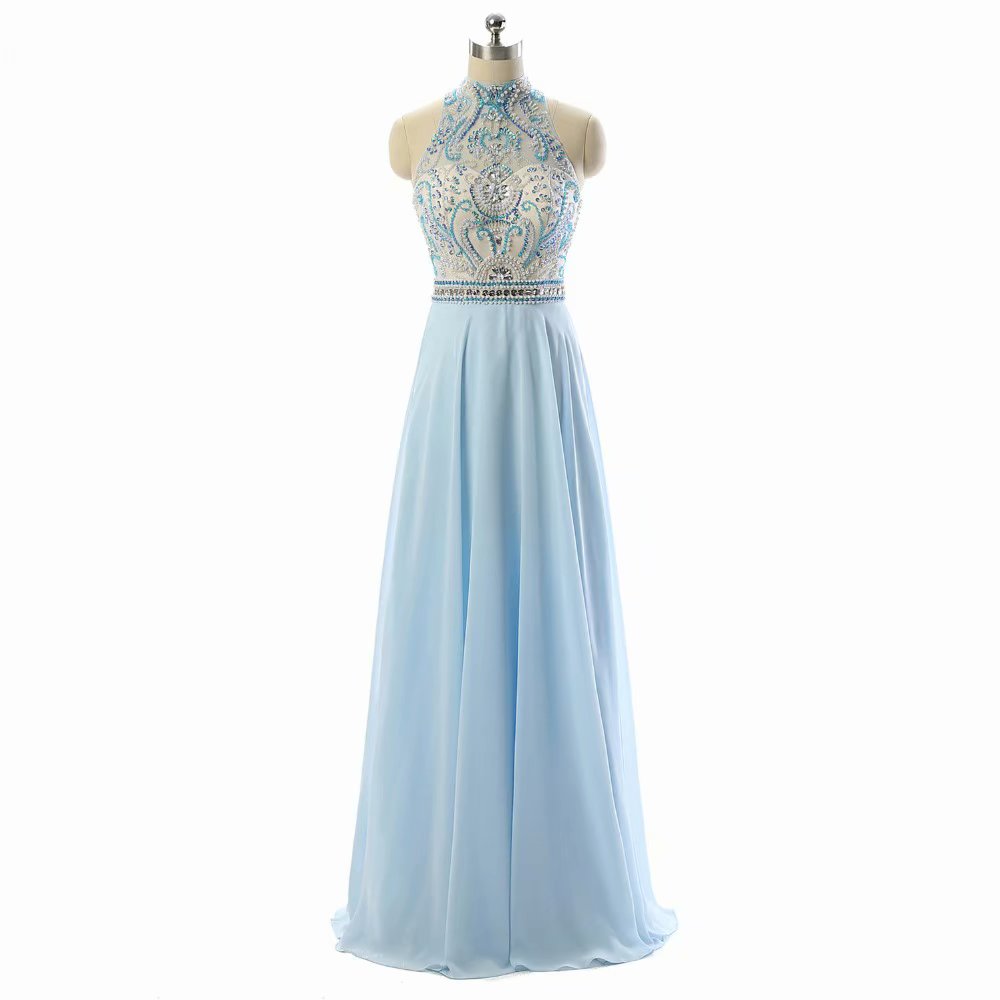 2018 A-line Halter Neckline Floor-length Empire Light Blue Beaded Chiffon Bridesmaid Dress With Sequins
