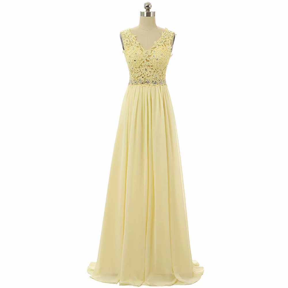 A-Line V-Neck Floor-Length Empire Yellow Chiffon Bridesmaid Dress With Lace Bodice