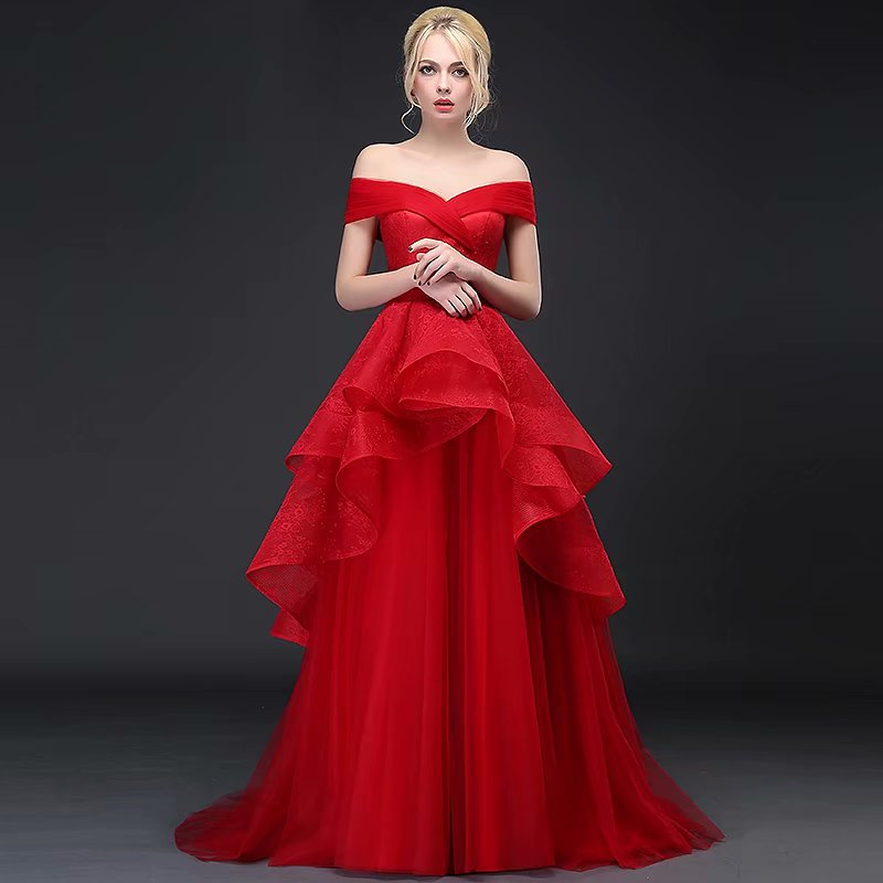 Red Tulle V-Neck A-Line Long Bridesmaid Dress