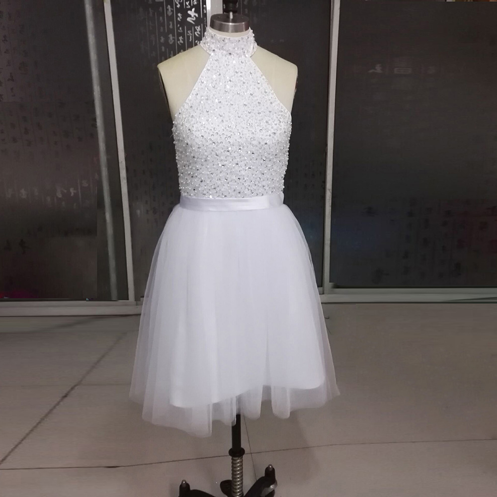 White Homecoming Dresses Halter Neckline Backless Short Prom Dresses --mini Dresses,short Formal Dress