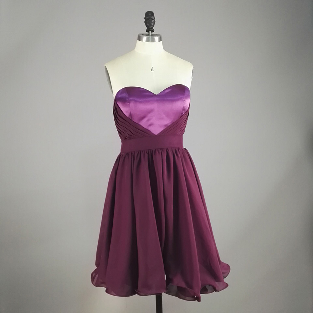 Purple Satin Sweetheart Neckline Ruched Short Chiffon Evening Dress, Party Dresses, Homecoming Dresses