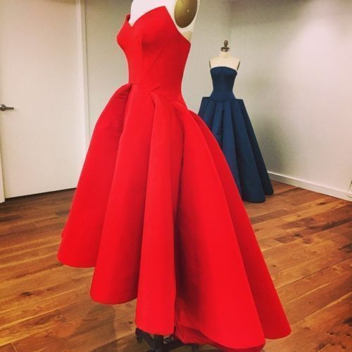 High Low Red Prom Dresses,strapless Elegant Satin Formal Dresses,front Short And Long Back Evening Gowns