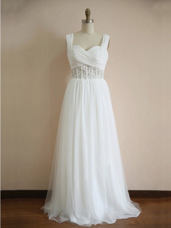 Vintage White Spaghetti Straps Prom Dresses Floor Length Organza Beaded Formal Gonws