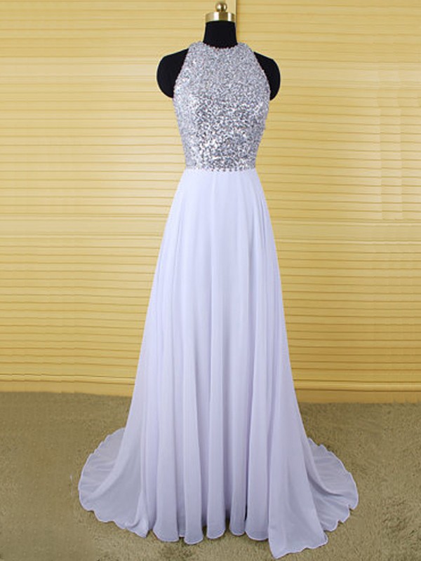 Sexy Jewel Neckline Backless Sequined Formal Dresses,long Elegant White Chiffon Prom Dresses,