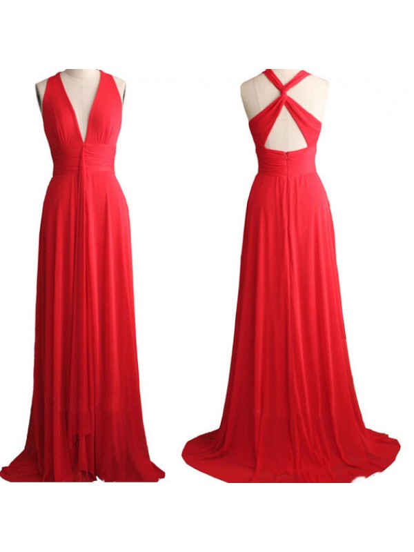 Red Deep V Neck Backless Cross Back Formal Dresses,floor Length Simple Chiffon Prom Dresses,