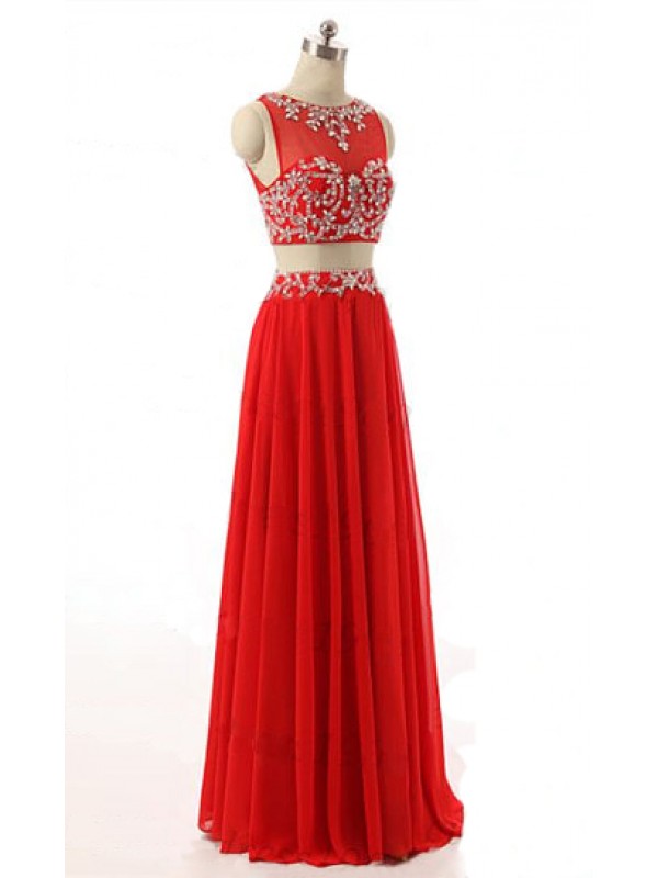 Red Two Piece Prom Dresses Illusion Neckline Beaded Rhinestones Embellished Chiffon Evening Gowns With Cross Back - Formal Dresses, Party Dress