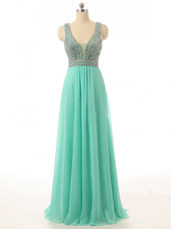 Beaded Turquoise Prom Dresses Floor Length V Neck Chiffon Evening Gowns With Beaded Straps - Formal Dresses, Party Dress