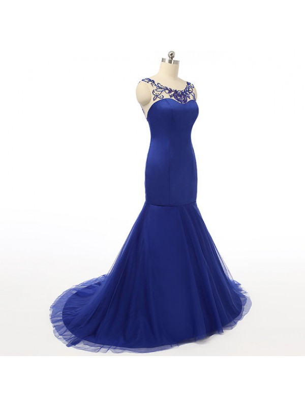 Sexy Mermaid Royal Blue Prom Dresses Sheer Neck Satin Bodice Tulle Skirt Beaded Backless Evening Gowns- Formal Dresses, Party Dress