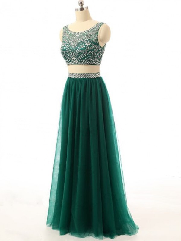 Sexy Two Piece Dark Green Beaded Prom Dresses,luxury Sheer Neck Crystal Beaded Embellished Formal Dresses