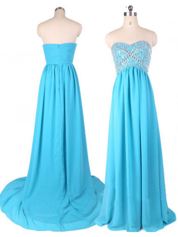 Light Blue Beaded Embellished Sweetheart Floor Length Chiffon Formal Dress Featuring Sweep Train, Prom Dress