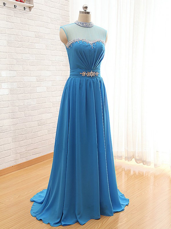 2016 Long Sky Blue Prom Gowns Beaded Neckline Sleeveless Chiffon Evening Dresses With Short Train - Formal Gowns,party Dress