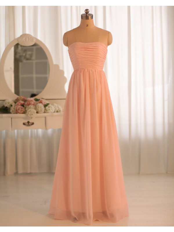 Coral Chiffon Ruched Strapless Straight-across Floor Length A-line Prom Dress