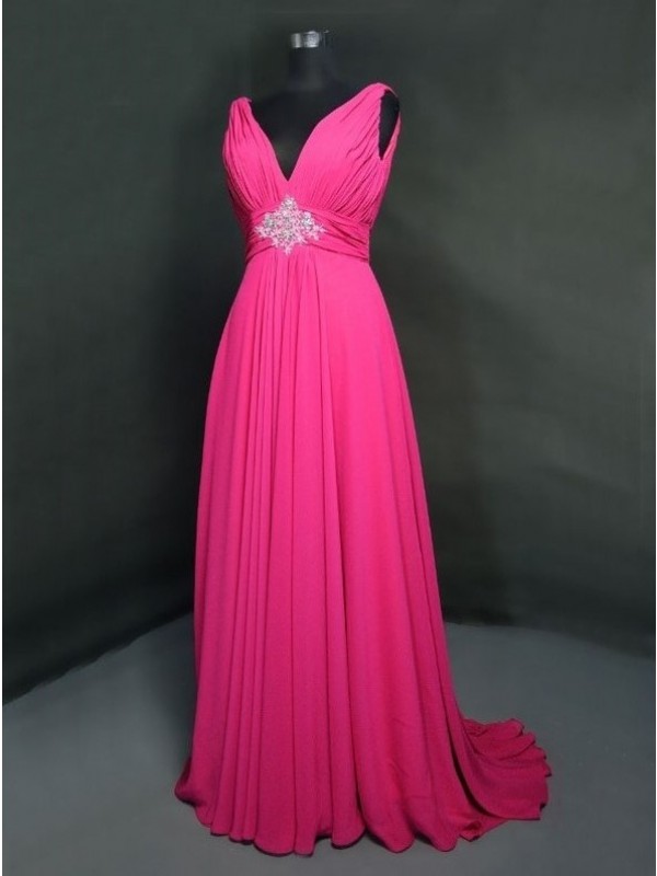 Pink V Neck Chiffon A Line Prom Dresses With Ruched Bodice And Beaded Embellished Waist