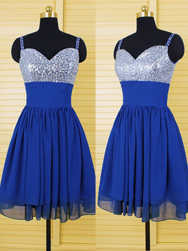 Royal Blue Spaghetti Straps Homecoming Dresses Crystal Embellished Chiffon Short Prom Dresses-short Formal Gowns,mini Dresses