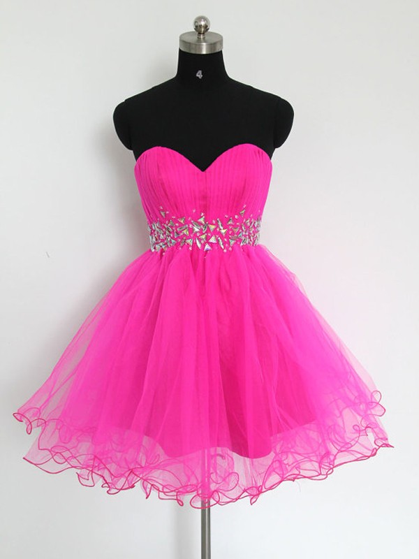 Pink Short Prom Dresses Rhinestones Sweetheart Organza Homecoming Dresses With Ruched Bodice