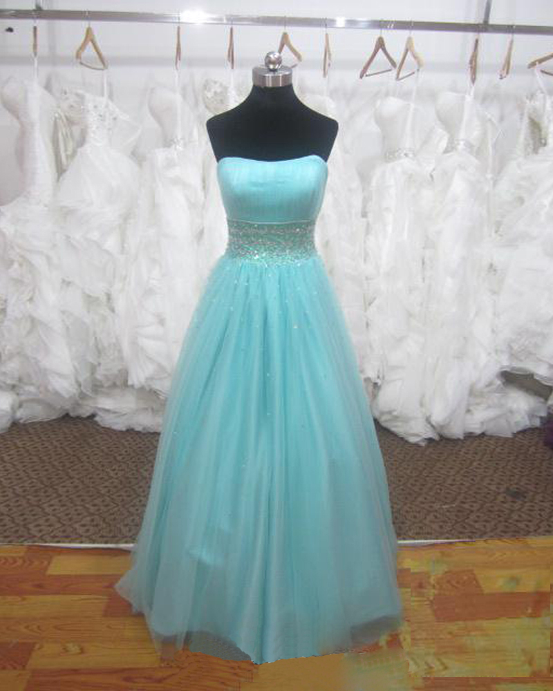 2016 Light Blue Strapless Prom Dresses Tulle Beaded Embellished Formal Gowns