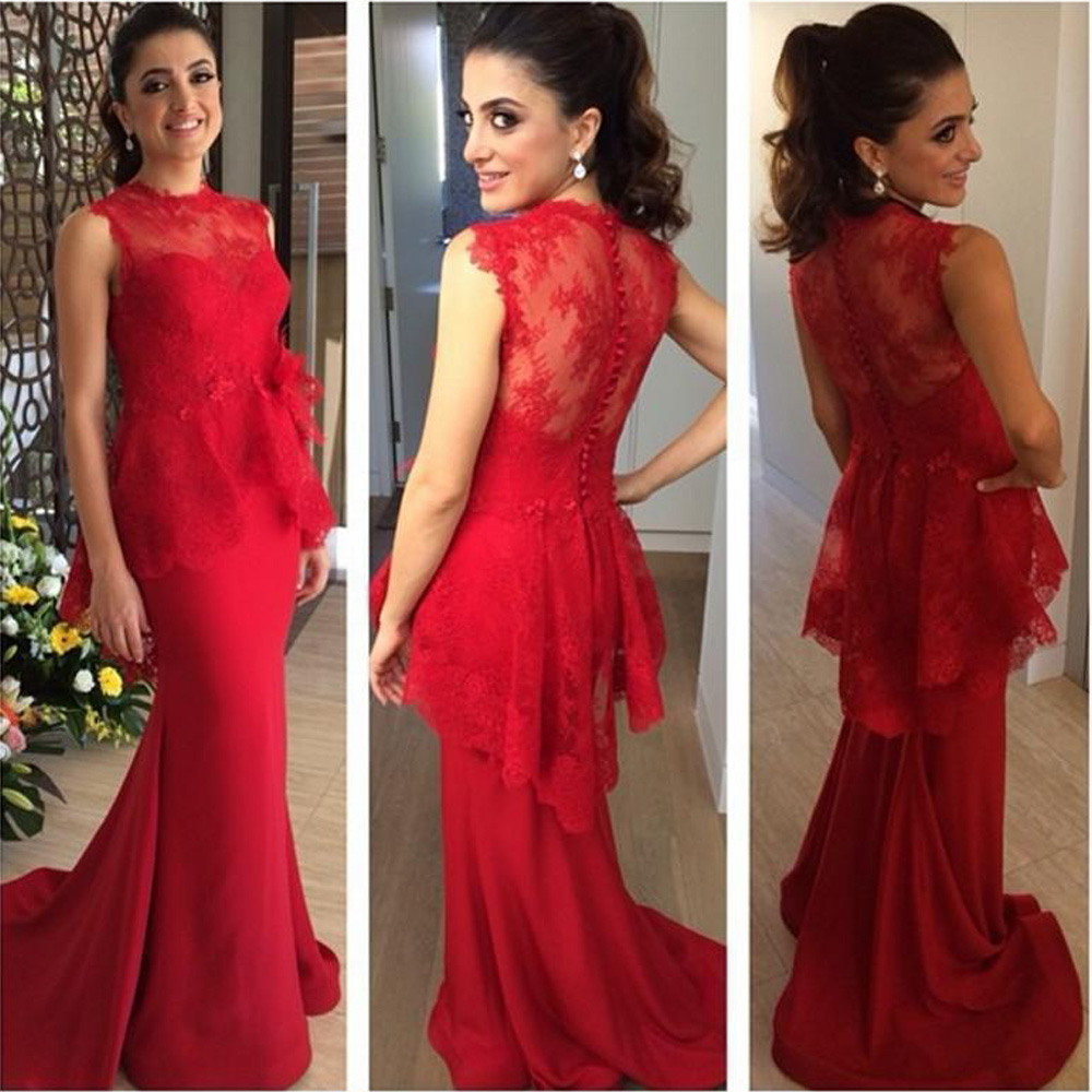 Charming Lace Mermaid Red Prom Gowns, Floor Length Jewel Neckline Evening Dresses, Long Red Bridesmaid Dresses