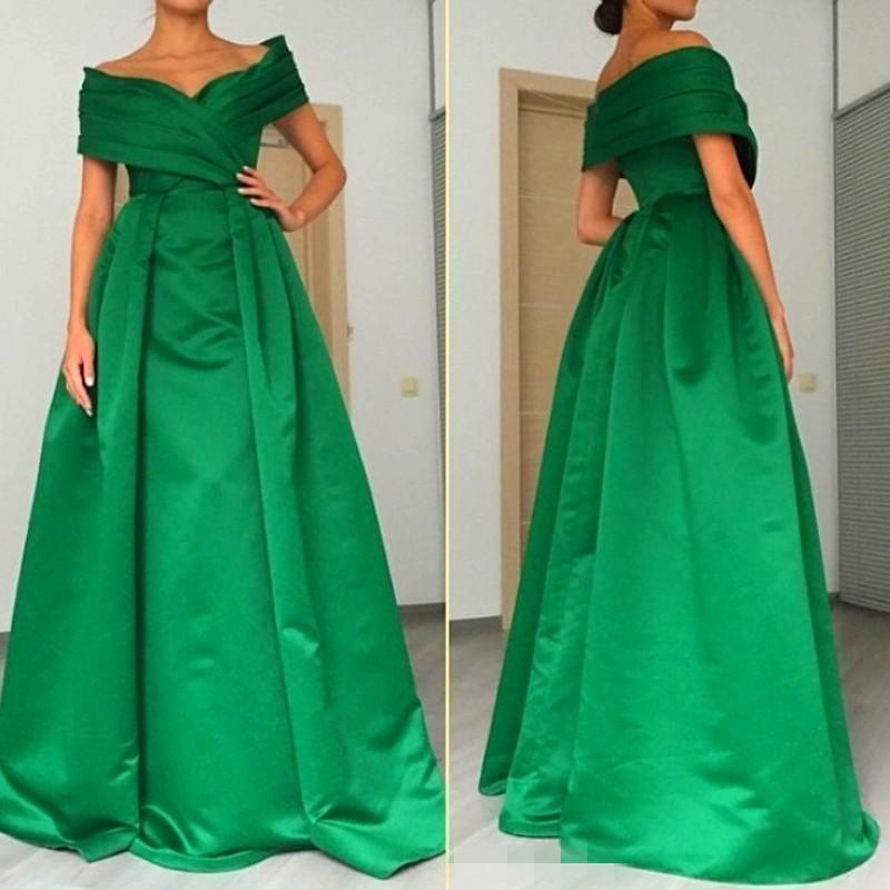 Long Elegant Green Off The Shoulder Prom Gowns, Floor Length V Neck Satin Formal Dresses, Long Green Bridesmaid Dresses