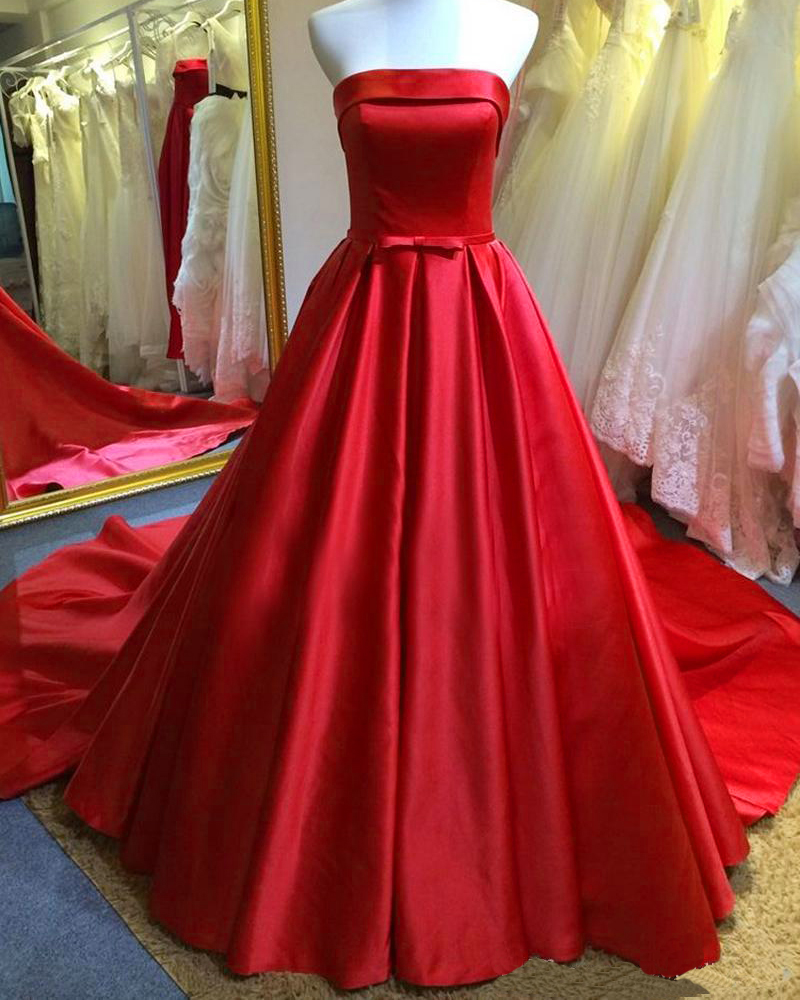 2016 Red Satin Wedding Dresses With Belt, Long Strapless Bridal Dresses Wedding Gowns With Chapel Train, Long Elegant Red Formal Dresses With