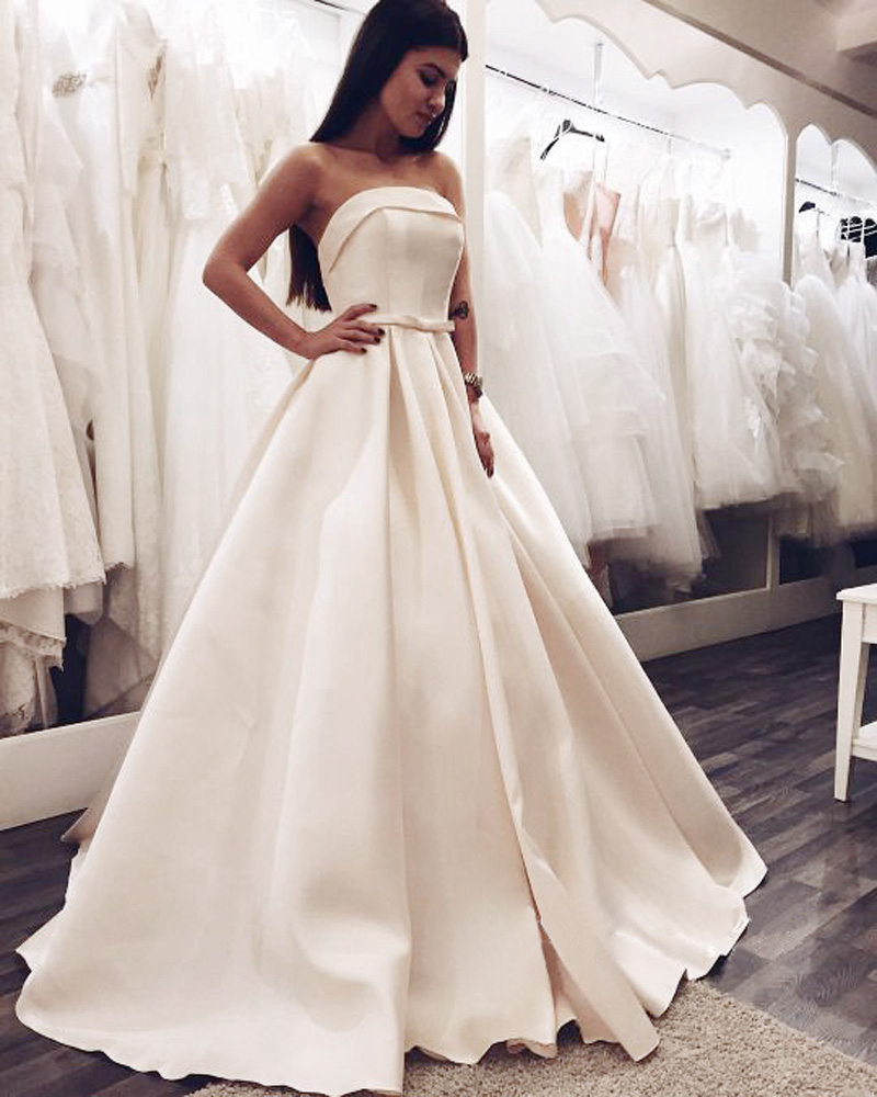 Elegant White A Line Prom Dresses, Floor Length Strapless Satin Formal Dresses, Long White Bridesmaid Dresses