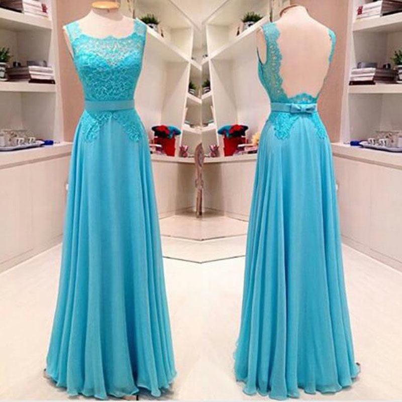 Long Blue Prom Dresses Backless Chiffon Evening Gowns, 2016 Long Bridesmaid Dresses,Floor Length Formal Dresses With Lace Bodice