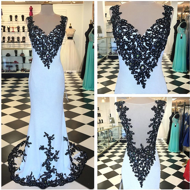 Sexy Backless Mermaid Prom Dresses,long V Neck Chiffon Lace Appliques Evening Gowns, 2016 Long Formal Dresses