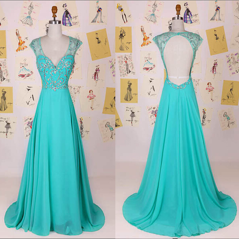 Sexy Turquoise Prom Dresses Chiffon Backless Stones Beaded Formal Gowns, Party Dresses, Evening Dresses 2017,women Dresses,party Dresses