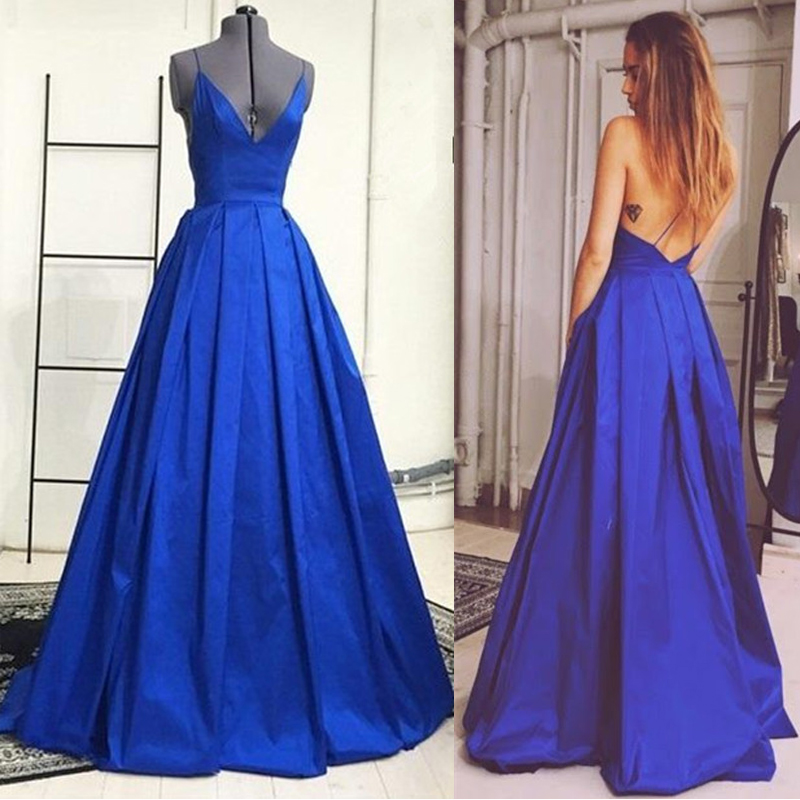 Royal Blue Plunge V Spaghetti Straps Floor Length A-line Prom Dress Featuring Criss-cross Open Back, Formal Dress