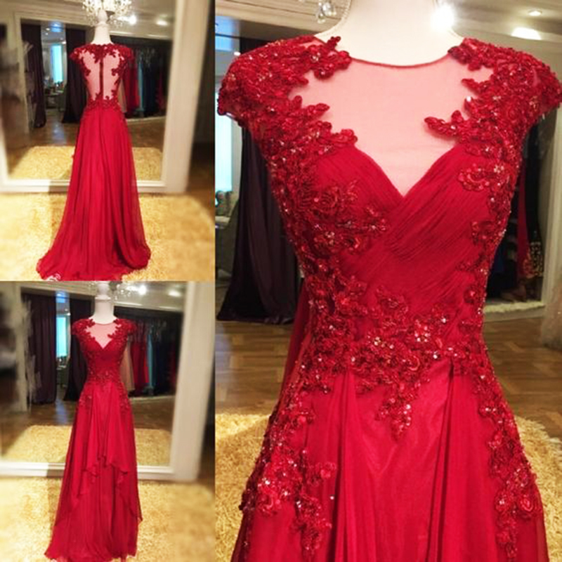 Charming Red Illusion Jewel Neckline Prom Gowns Cap Sleeve Chiffon See Thougth Back Lace Appliques Formal Dresses