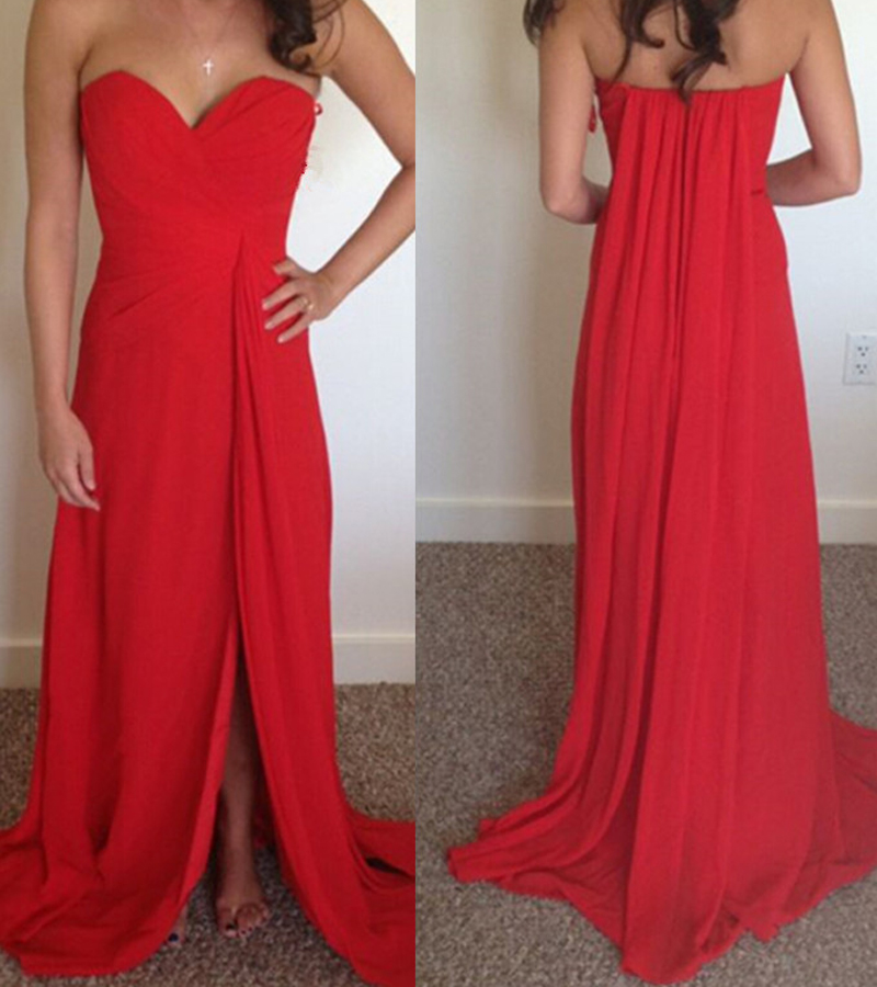 Red Prom Dresses Sweetheart Side Split Chiffon Formal Dresses With Watteau Train