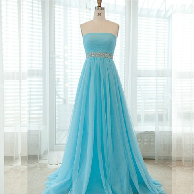Strapless Blue Prom Dresses With Beaded Waistline Ruched Floor Length Tulle Formal Dresses