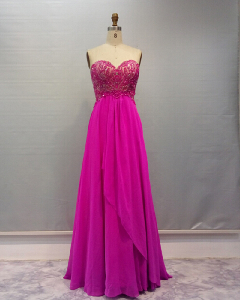 Vintage Fuschia Prom Gowns Long Sweetheart Chiffon Beaded Evening Dresses With Sweep Train